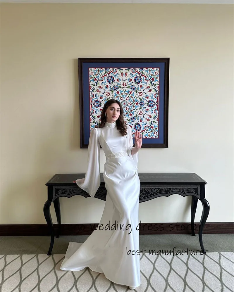 OLOEY-Vestidos De Noiva De Sereia De Cetim De Seda Branco, Vestido De Noite Formal, Sopro De Mangas Compridas, Vestidos De Noiva De Contas, Árabe Dubai