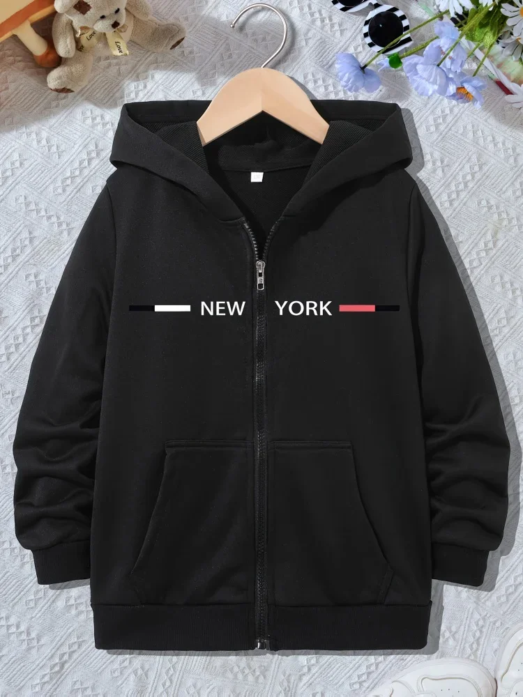 City Letter Theme Kids Zip Hooded Jacket Minimal New York Typography Stripe Chest Print Long Sleeve Oversized Daily Tops