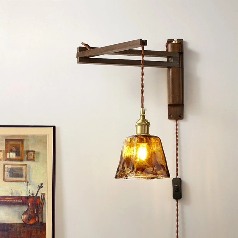 

Japanese retro folding wall lamp wabi wind design sense brass solid wood telescopic rotating Internet celebrity bedroom bedside