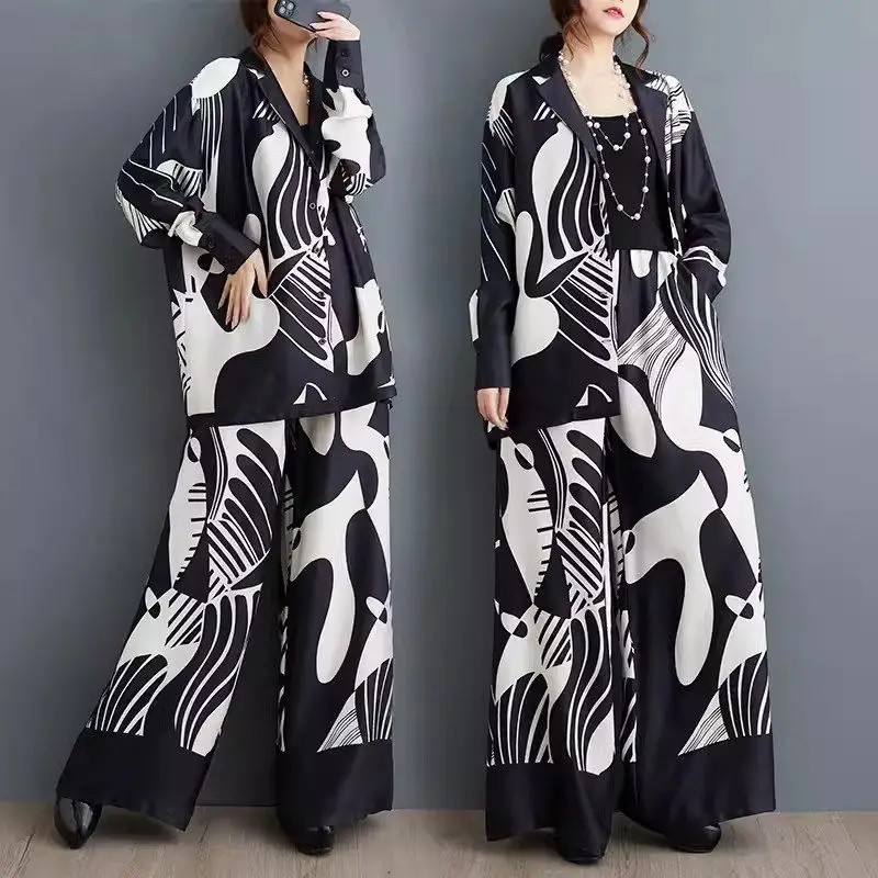 New 2024 Autumn Casual Fashion Set Abstract Print Loose Fit Lapel Shirt Large Size Women's Pants Two-Piece Suits Outfits K2126