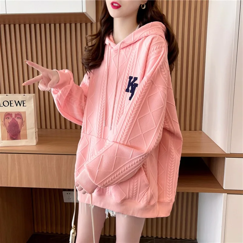 Women\'s Solid Hooded Drawstring Spring and Autumn Hoodies Plus Size Loose Korean Long Sleeve Printed Letter Pullover Casual Tops