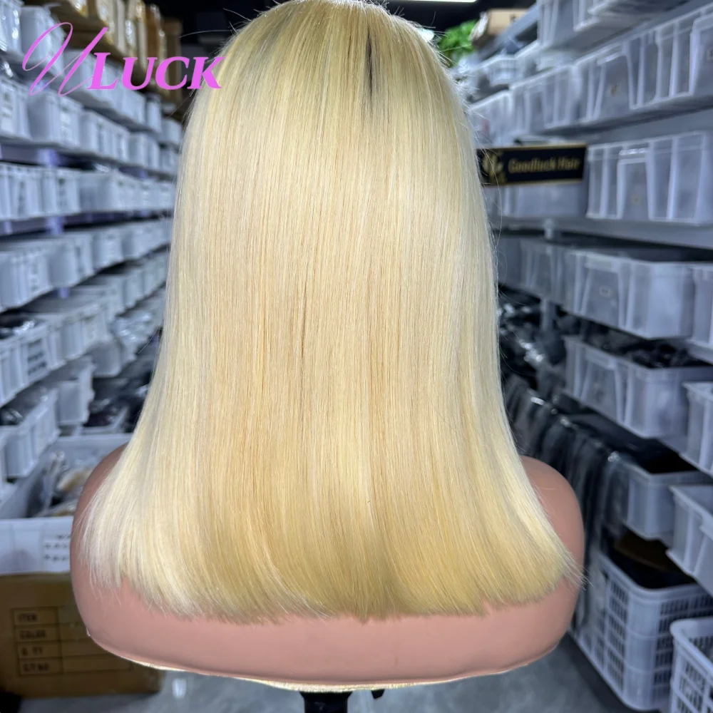 Parrucca Bob diritta con osso doppio disegnato Uluck Parrucche per capelli umani Remy 1b 613 Colore biondo 200% Densità 13x4 Parrucche frontali in pizzo da indossare per andare