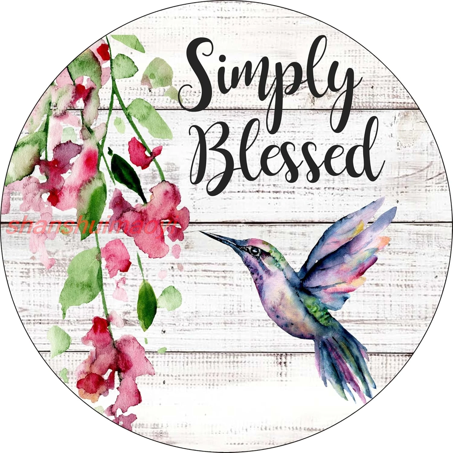 shan Tin Signs Simply Blessed, Hummingbird Design, Spring Flowers, Wreath Center Metal Sign 6x6 Inch 1pc