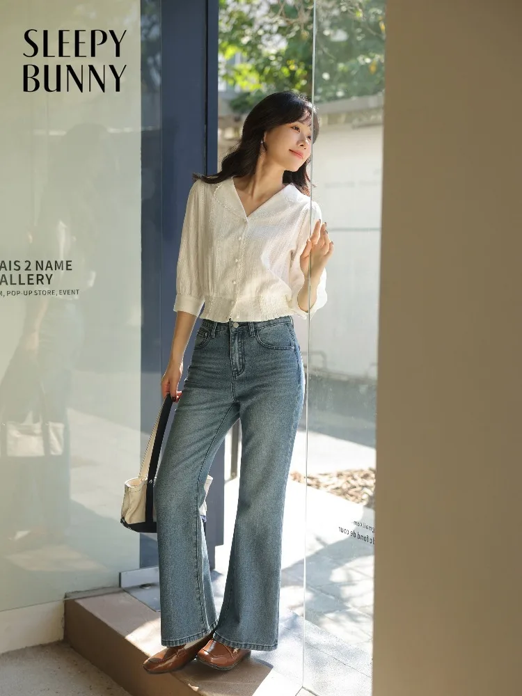 

Women Elegant Lace Trim V Neck Blouse French Style Slim Waist Shirt Spring Chic Cropped Top Casual Fashion Lady Commuter Blouse