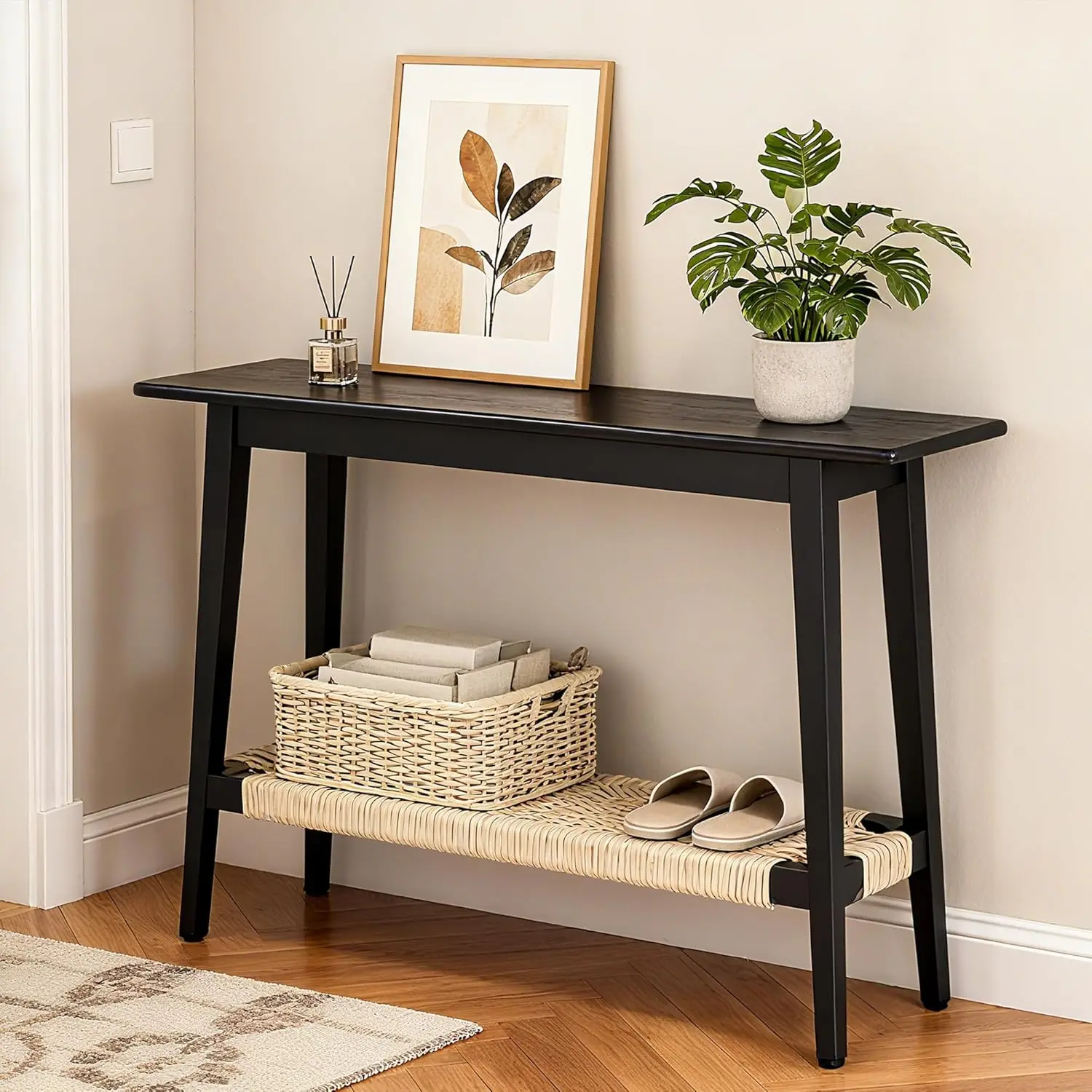 Farmhouse Black Console Table with Rattan Shelf Wood Rustic Narrow Sofa Table 46