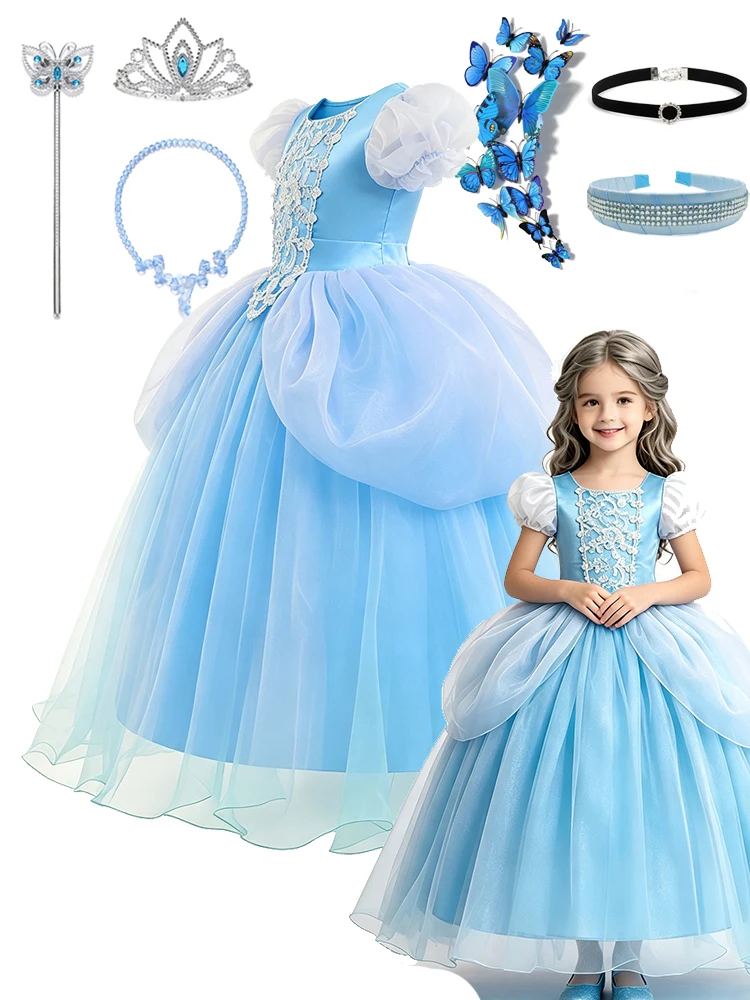 Märchenhaftes Glasstieferl-Kleid für Kinder, Cinderella Geburtstagskleid, Sommerliches Spitzenprinzessinnenkleid mit Puffrock für Halloween, Karneval, Party und Cosplay – Detail 2