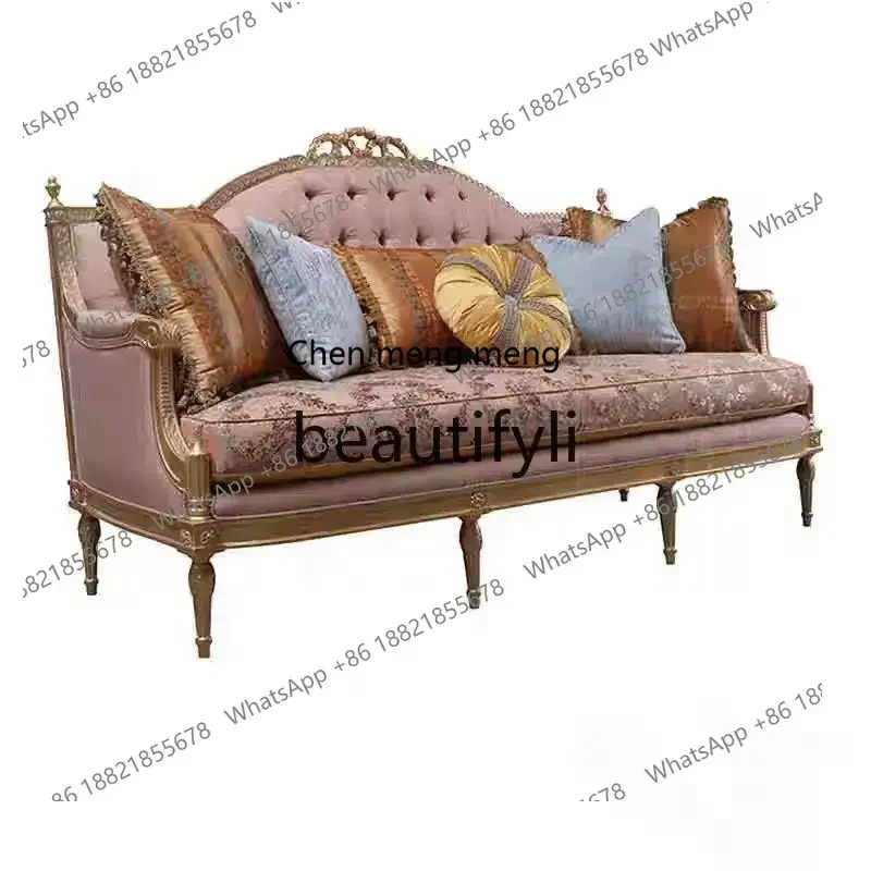 

M178 French retro luxury embroidery living room fabric solid wood sofa engraved gold foil sofa
