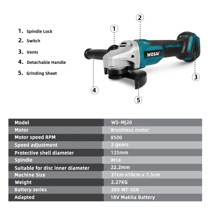 WOSAI MT-Series 20V 125mm Brushless Cordless Angle Grinder Variable Speed Cutting Machine Polisher for Makita Battery