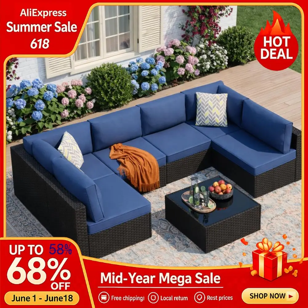 Outdoor Furniture Set, Modular PE Rattan Sectional Sofa with Thick Cushions amp Glass Coffee Table, WeatherResistant Wick,Custom