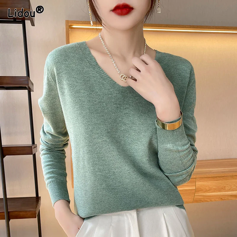 Solid V-Neck Knitting Office Lady Loose-fitting Multicolor Women's Clothing Autumn Winter Thin Slight Strech Pullovers Explosion