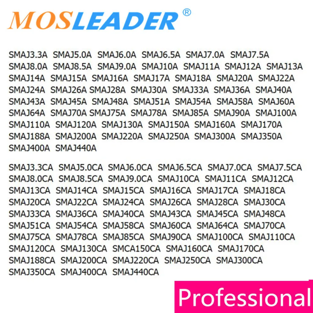 Mosleader 1800 قطعة SMAJ5.0 SMAJ6.0 SMAJ6.5 SMA DO214AC SMAJ5.0A SMAJ6.0A SMAJ6.5A SMAJ5.0CA SMAJ6.0CA SMAJ6.5CA تلفزيونات صينية