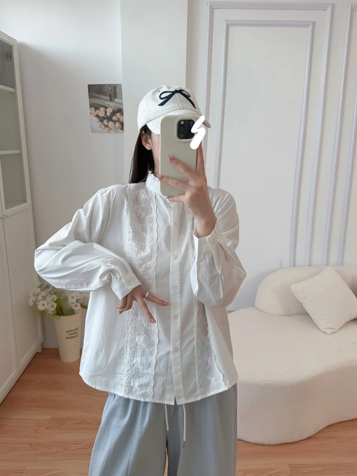 جديد 2025 الخريف قميص قطني بكم طويل ، المرأة الوقوف التطريز ، موري فتاة الفرنسية تنوعا تخفيف شيك بلوزة فضفاضة T59684CC