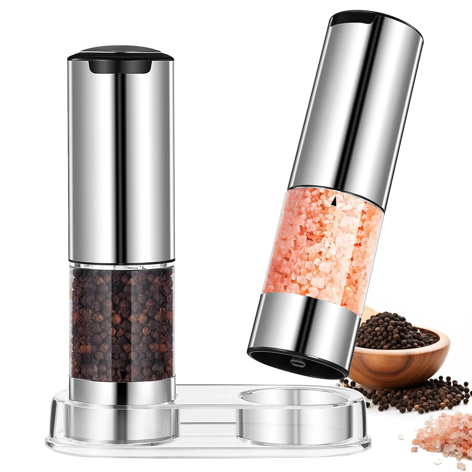 

2 pcs Electric Pepper Grinder Set: 95Ml Adjustable Coarseness Stainless Steel Spice Grinder For Kitchen Automatic Salt Pepper