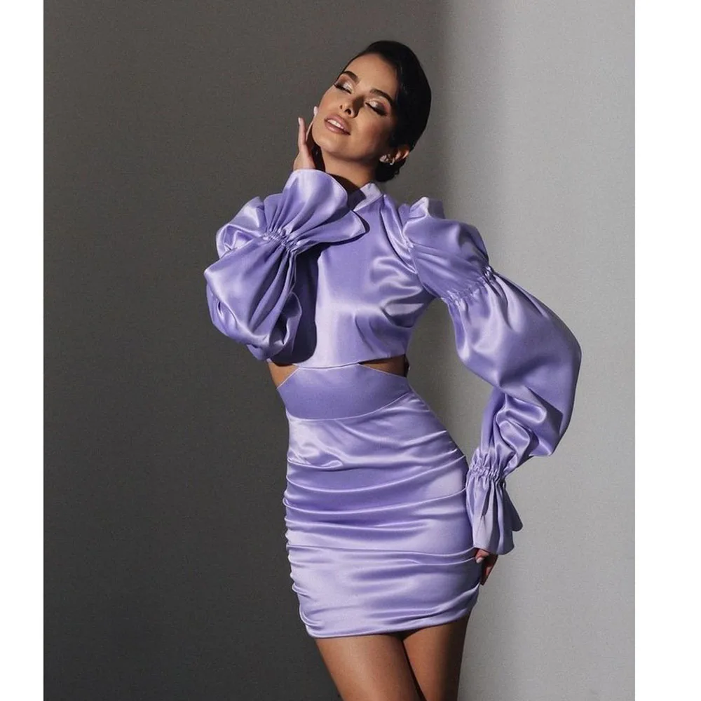 

Elegant Pretty Purple Women Prom Dresses High Collar Full Sleeves Above Knee Length Slim Fit Sweet Female Female Party Gowns