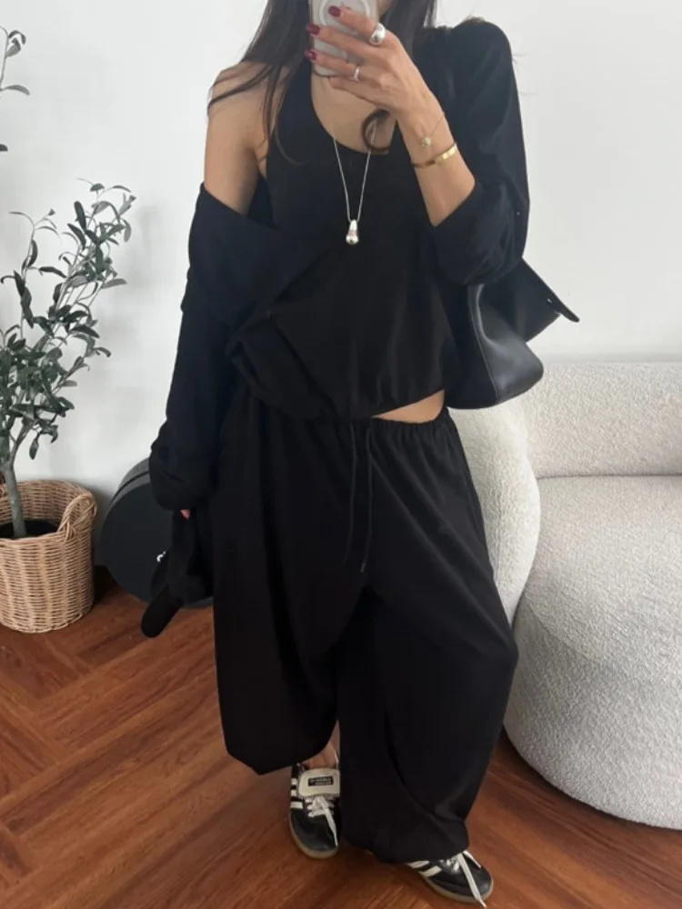 Korean Style Women's Loose Neck Vest Long Sleeve T-Shirt Casual Long Pants Three-Piece Set Fashionable Comfortable Spring Aut...