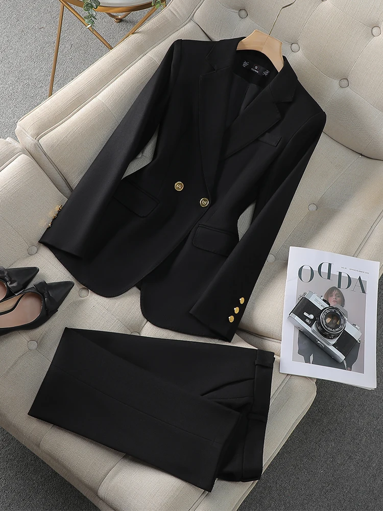 Khaki Beige Black Solid Women Pant Suit 2 Piece Set Ladies Female Business Work Wear Formal Blazer Jacket And Trouser