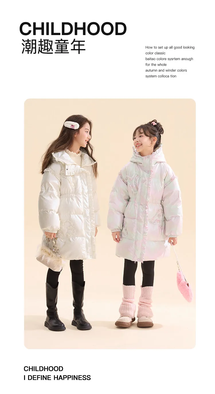 Langer Daunenmantel mit Kapuze für Mädchen, 90 % weiße Entendaunen, warmer Winterparka mit Spitze und Rüschen, winddichte, dicke Oberbekleidung für Teenager und Kinder, A5123 – Detail 10