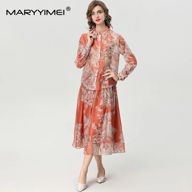 MARYYIMEI-Jupe trapèze en cristal à simple boutonnage pour femme, col rabattu imbibé, imprimé vintage, automne et hiver, ensemble 2 pièces