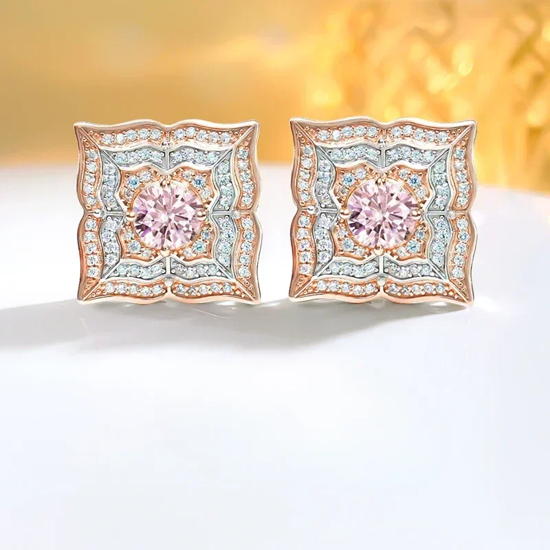 

Fashion Seiko Flower Square Powder Diamond 925 Pure Silver Ear Stud Inlaid with High Carbon Diamond for Wedding