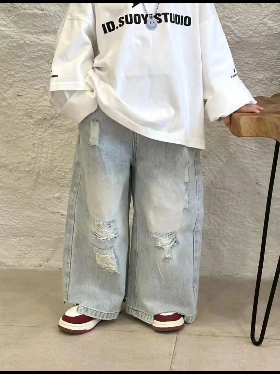 2-9 Yrs Baby Boys Spring and Autumn Korean New Children\'s White Loose Two Sleeve T-shirt+Hole Jeans Set Boy Outfits Kids Clothes