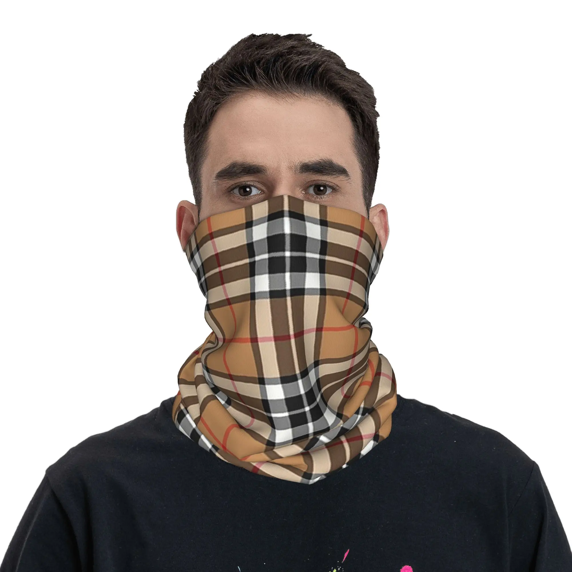 Thomson Camel Tartan Scottish Border Clan and Family Plaid Bandana Neck Cover Printed Face Scarf Balaclava Running for Men Women