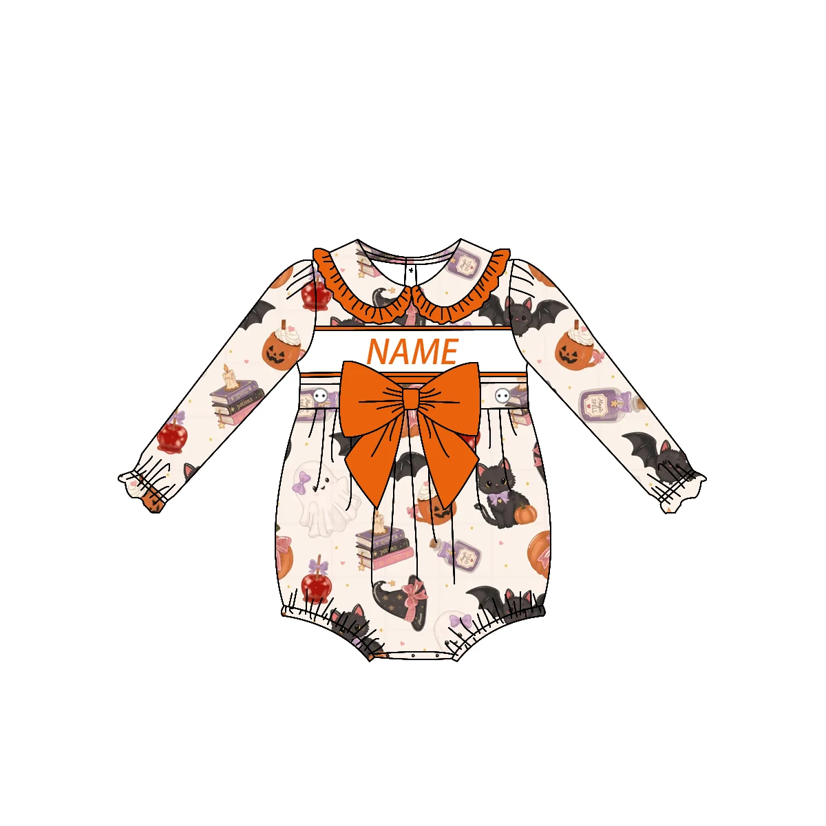 

Personalized Name Baby Girl Halloween Witch Black Cat Ghost Pumpkin Print Romper Ruffle Collar Bow Long Sleeve Bubble Outfit