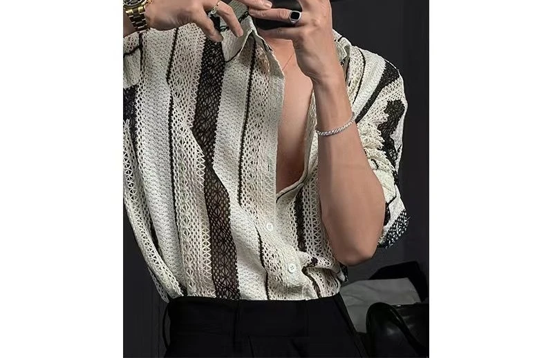 

2026 Spring and Autumn New Product Hollow Out Contrast Striped Shirt Casual Breathable Shirt for Men