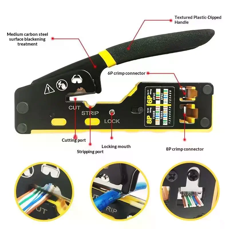 Network Crimper - 3-in-1 Crimp/Cut/Strip Lan CAT8/7/6A/6/5E (STP/UTP) & RJ11/12 Tel Modular Cable RJ45