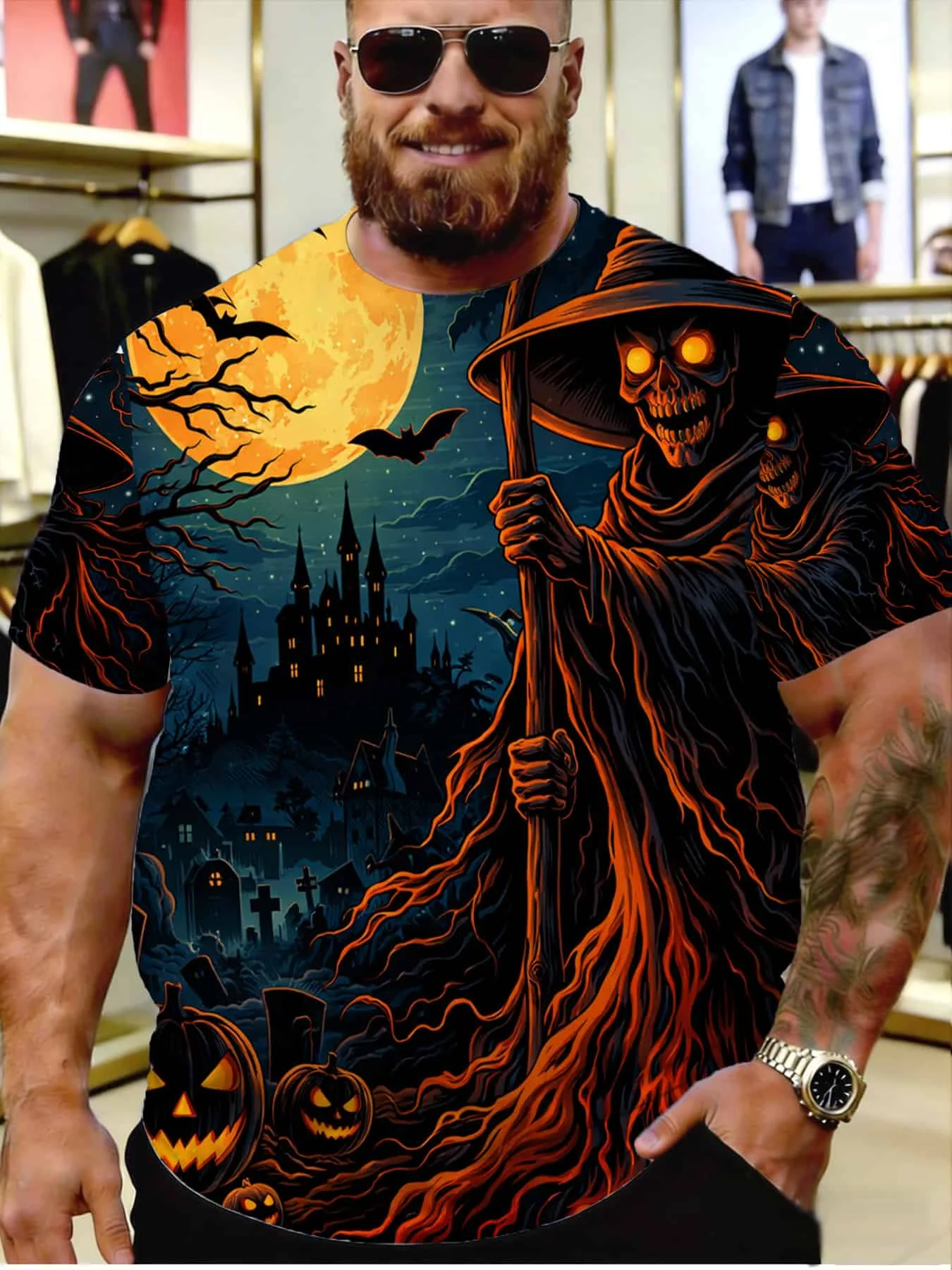 Men Short Sleeve T‑Shirt 3D Grim Reaper Castle Moon Pumpkin Print Halloween Gothic Party Casual Top