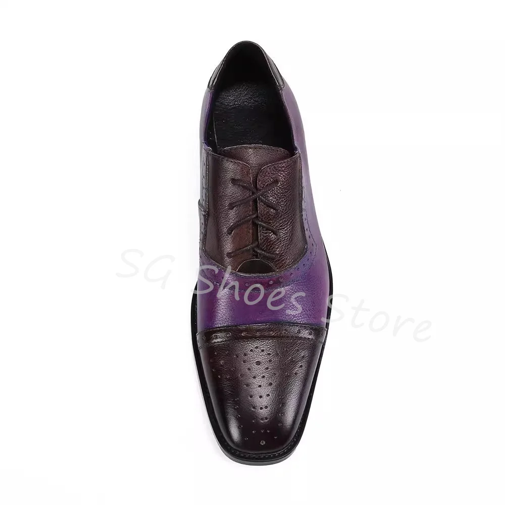Fashion Mixed Color Hollow Out Splicing Leather Shoes for Men Pointed Toe Chunky Heel Shallow Lace-Up Oxfords Male Leisure Shoes
