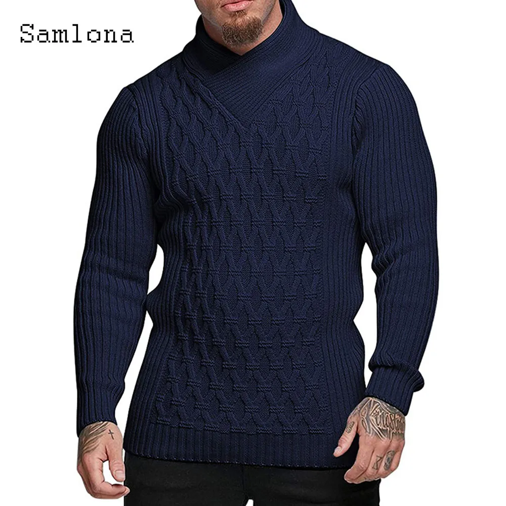 Samlona Men Autumn New Knitting Sweaters Winter Fashion Cut Out Jumpers Mens Patchwork Tops Scarf Collar Vintage Sweater 2025