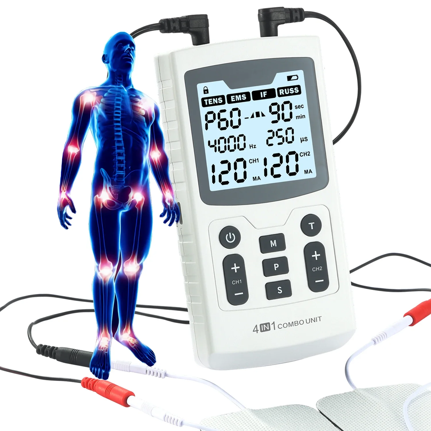 

4000Hz 4 in 1 Combo Therapy IFC RUSS TENS EMS Unit Machine Device Stroke Rehabilitation Physiotherapy Equipment