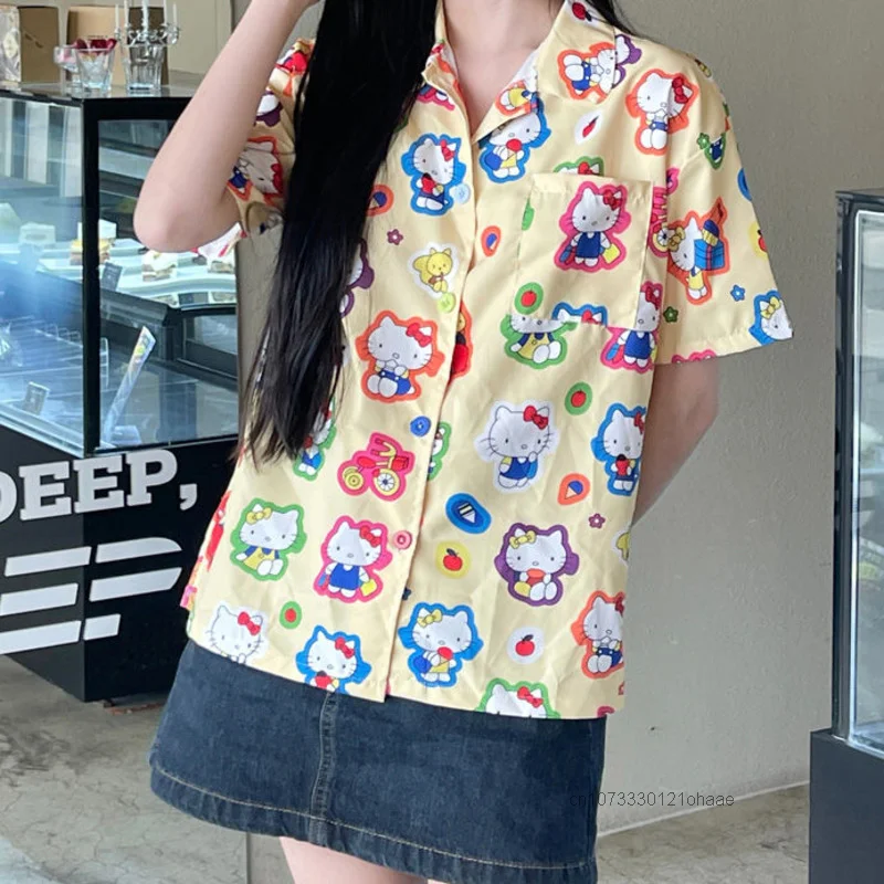 Sanrio Hello Kitty Cartoon Printed Short Sleeved Shirt Women Summer Design Loose Style Clothes Versatile Cute Y2k Student Shirt