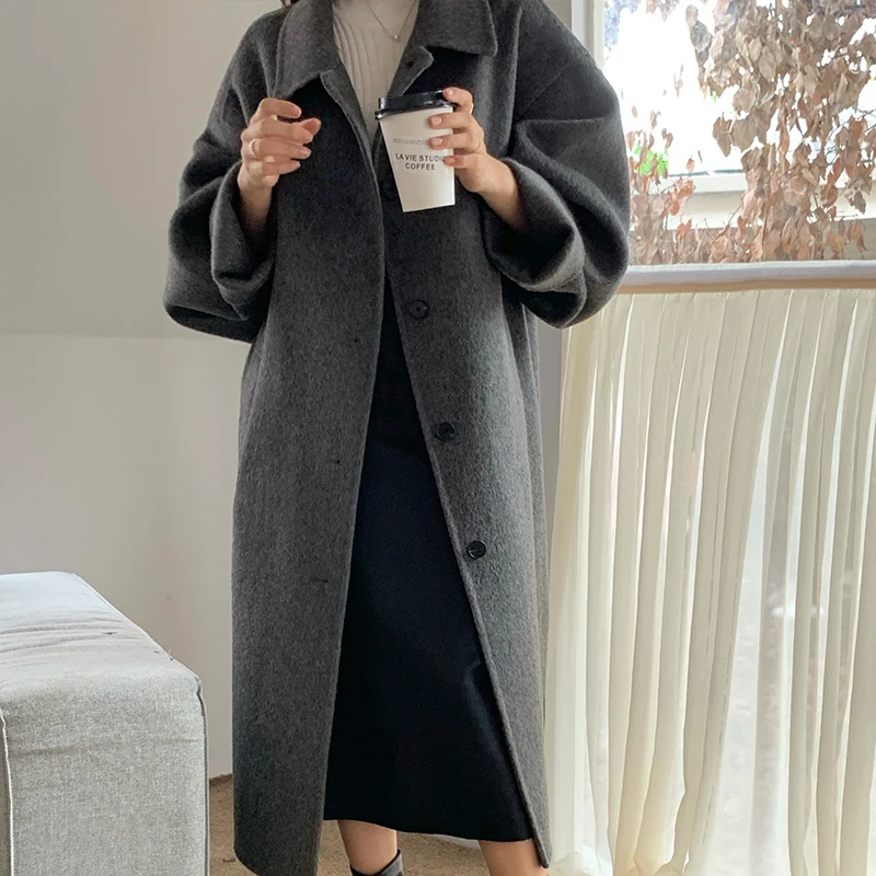 New Women Loose Double-sided Wool Alpaca Coat Simple Lapel Lace-up Double Breasted Long Woolen Tweed Jacket Female Autumn Winter