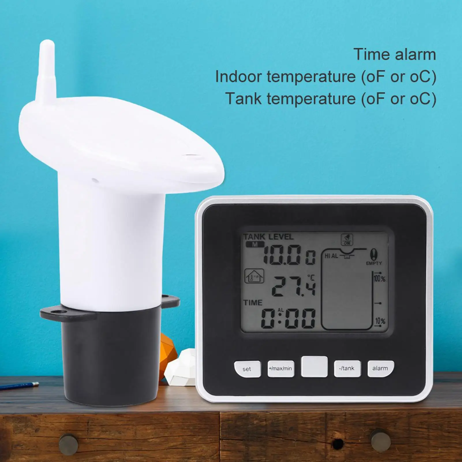 Sensor Level ultrasonik LCD 0-15m, pengukur kedalaman tangki air dengan tampilan temperatur-Monitor kedalaman cairan