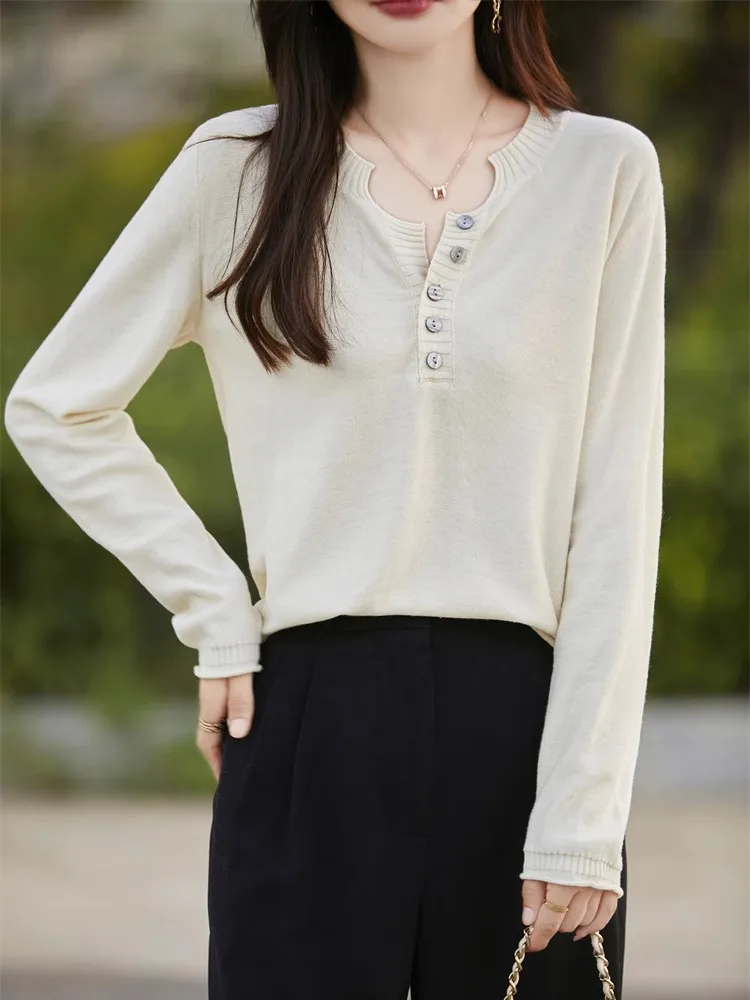 เสื้อสเวตเตอร์ถักทรงหลวมสำหรับผู้หญิง ผ้าฝ้ายแท้ 100% คอวี ทรงเข้ารูป สวมใส่สบาย เหมาะสำหรับฤดูใบไม้ร่วงและฤดูหนาว