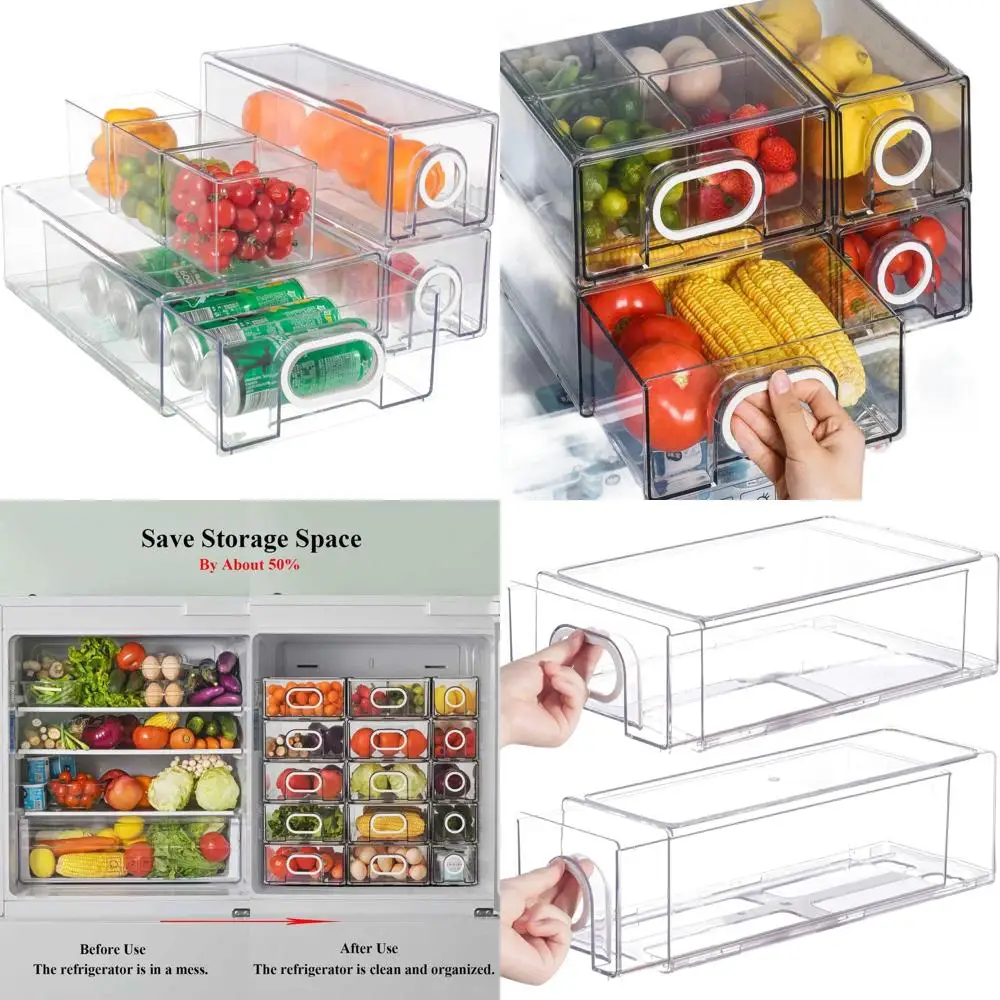

Stackable Refrigerator Organizers with 3 Large Drawers and 3 Small Cubes, White, Heavy-Duty Storage Solutions