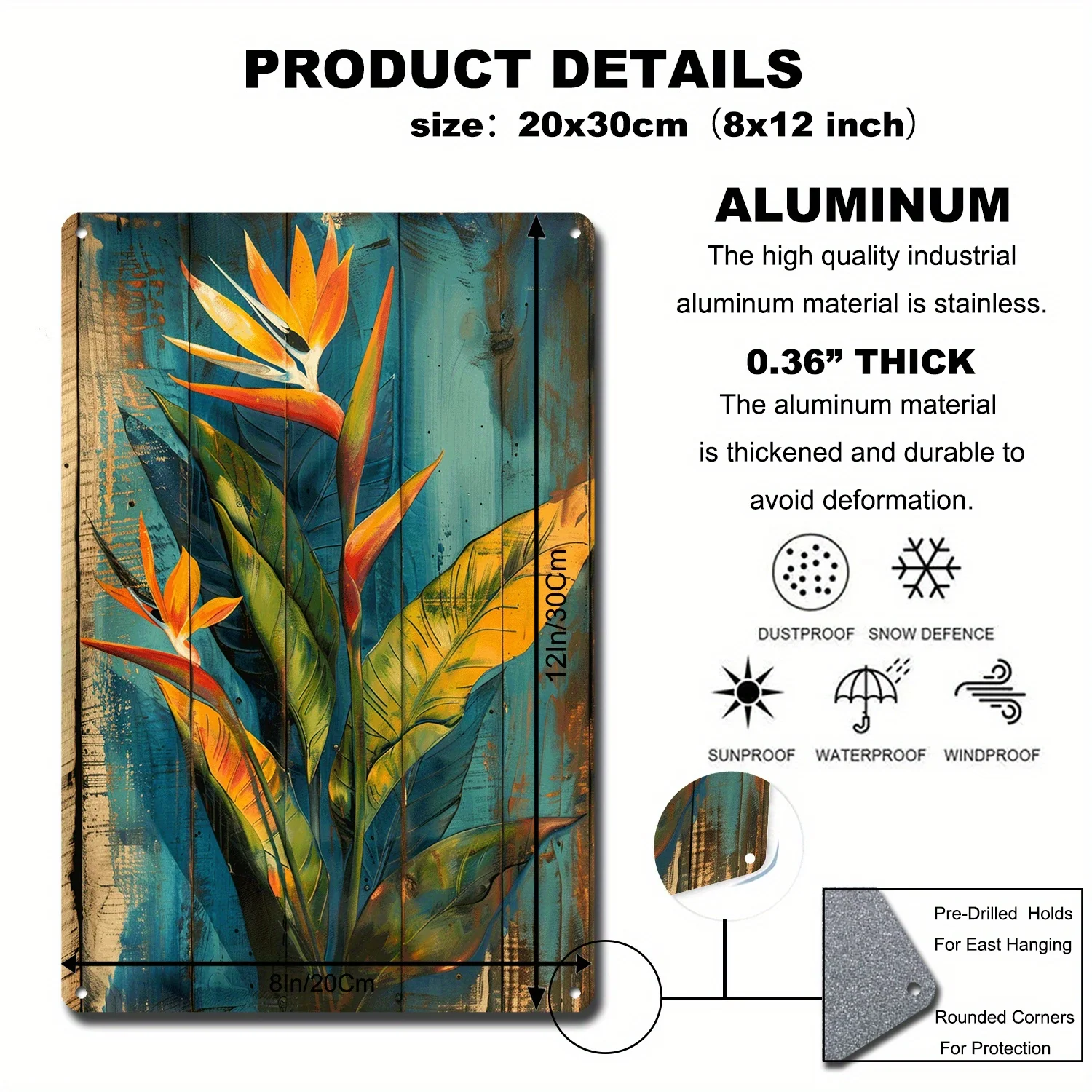 2D Flat 1pc 8x12 Inch(20cm X 30cm) Vintage Bird of Paradise Tin Sign for Exotic Garden Decor Rustic Wall Art and Distressed Wo