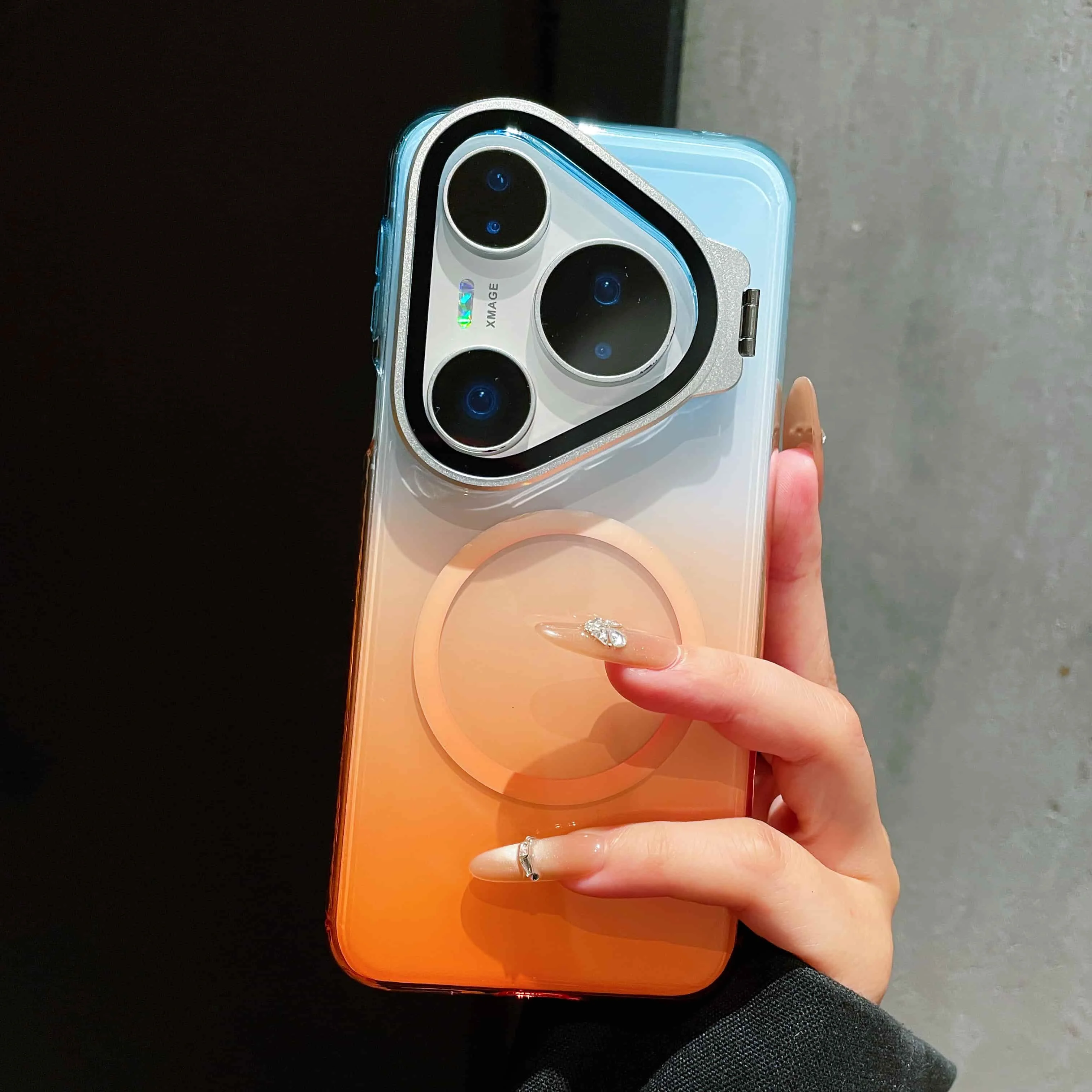 Etui na Huawei Pura 90S 90 Pro Max 80 70 Pro + Magnetyczny Niewidoczny Uchwyt na Obiektyw Przezroczysta Gradientowa Kolorowa Akrylowa Obudowa Funda