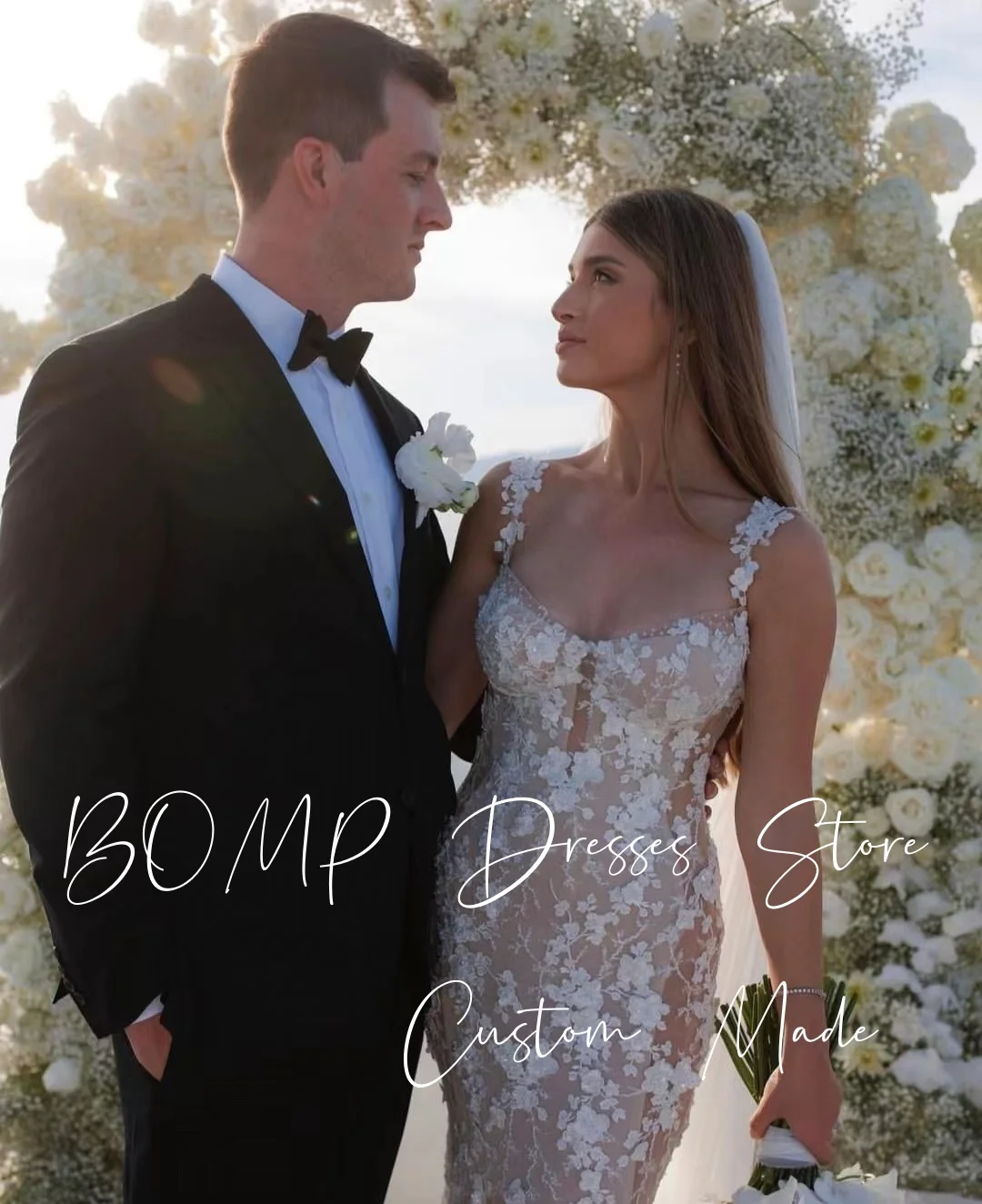 BOMP Exquisite Mermaid Wedding Dress 3D Flowers Lace Sweep Train Spaghetti Strap Bridal Gown Customized Classic Robe De Mariée