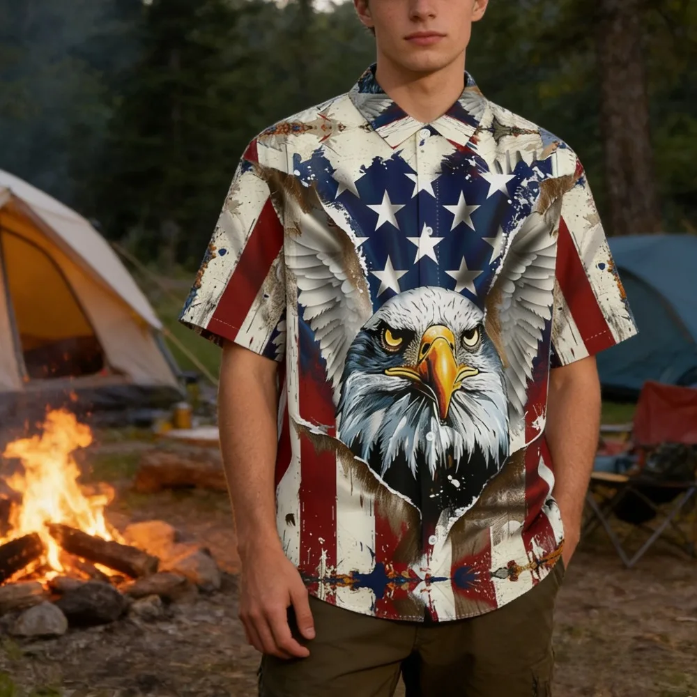 ​Vintage American Flag Eagle Print Men's Short Sleeve Shirt Retro Patriotic Button Down Shirt for Outdoor Camping Casual Wear