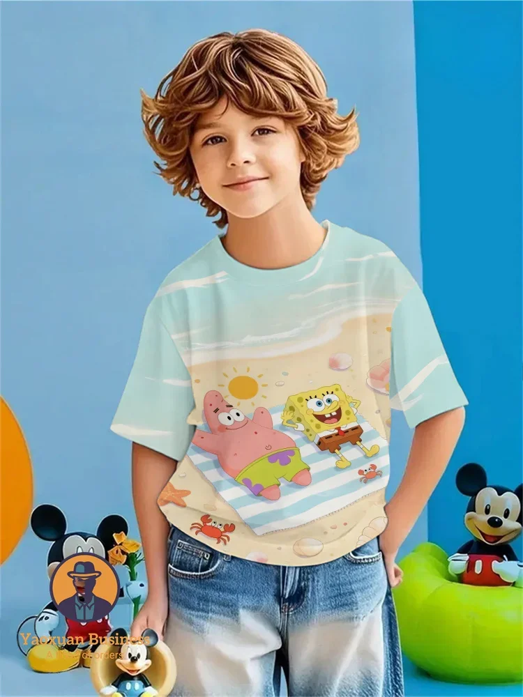 

Новая летняя футболка с 3D принтом «Губка Боб» и квадратными штанами для детей-подростков, мальчиков и девочек, хлопковая модная модная бестселлерная мода с мультяшным принтом