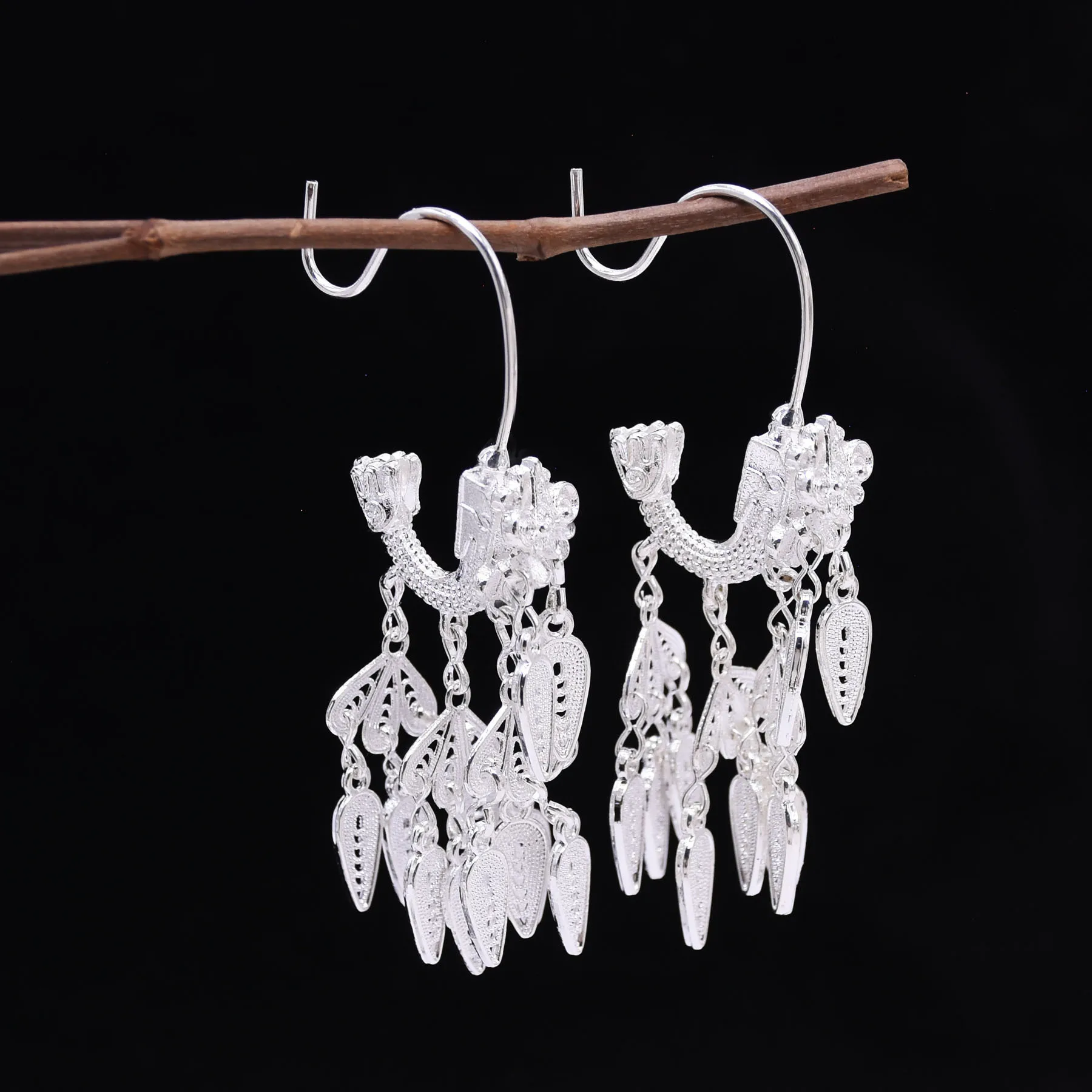 Ethnic Miao-style Alloy Vintage Exotic Niche Design Long Tassel Drop Earrings Chinese-style Womens Ear Accessories