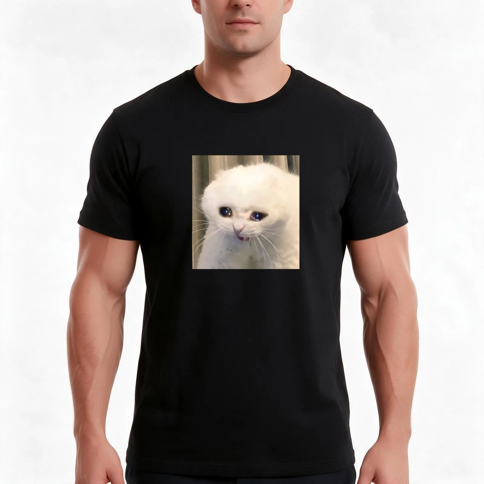 Crying Cat Meme T-Shirt Summer Casual Cotton Tee Oversized Streetwear Tops Vintage Graphic Print Loose Fit Short Sleeve