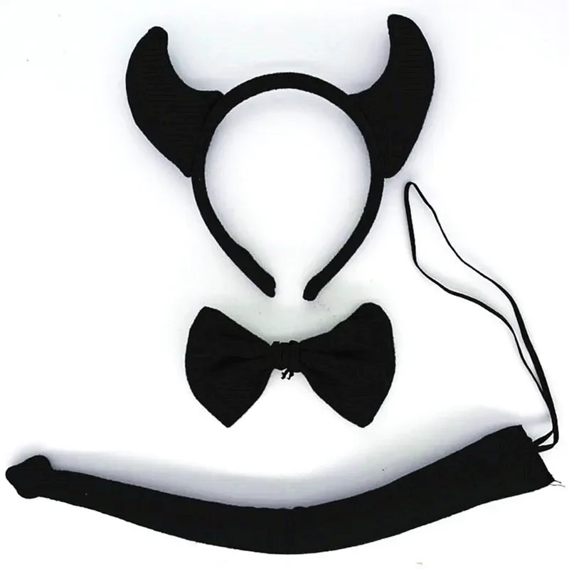 Adult Kids Party Red Black Devil Demon Horn Headband Tie Tail Birthday Gift  Animal Hair Bands Plush  Halloween Costume Cosplay