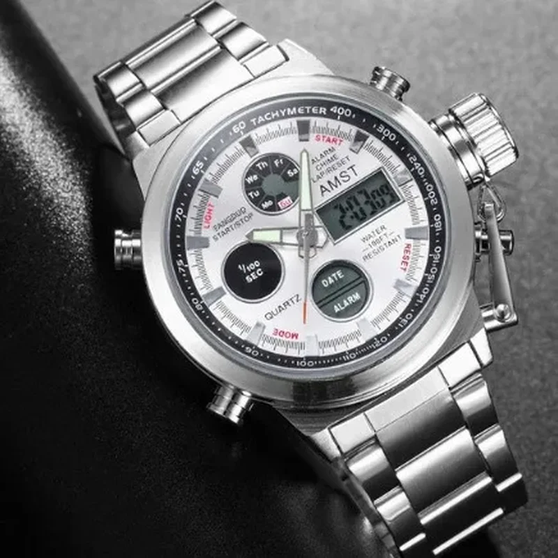 AMST Watch Multi-Function Double Display Men'S Student Sports Electronic Watch Mountaineering Steel Belt Watch
