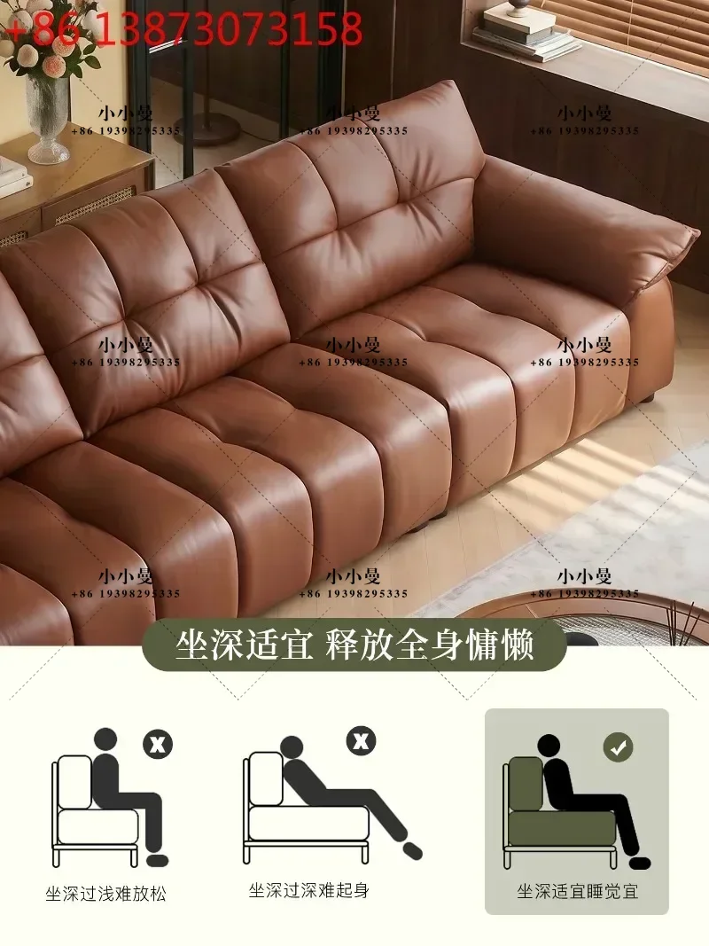 French vintage style small living room vintage leather straight three-seater sofa