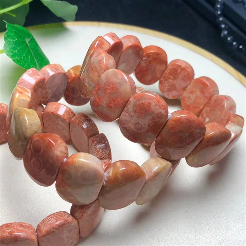 Natural Coral Jade Bangle Crystal Healing Stone Stretch Polychrome Gemstone For Women Birthday Present Lover Gift 1pcs 15x20mm