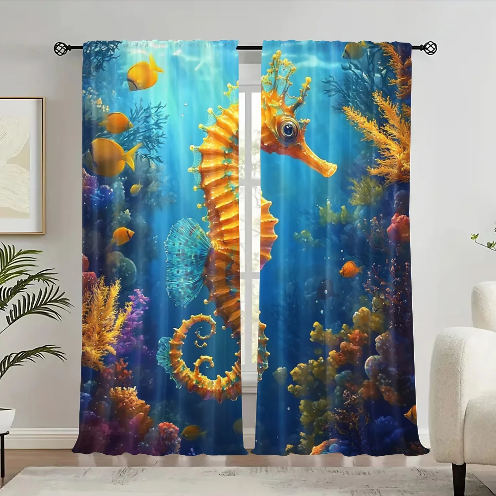 

2pc, Window Curtains Seahorses and coral reef fish Protecting Privacy Wall Decor for Parties and Everyday Decor