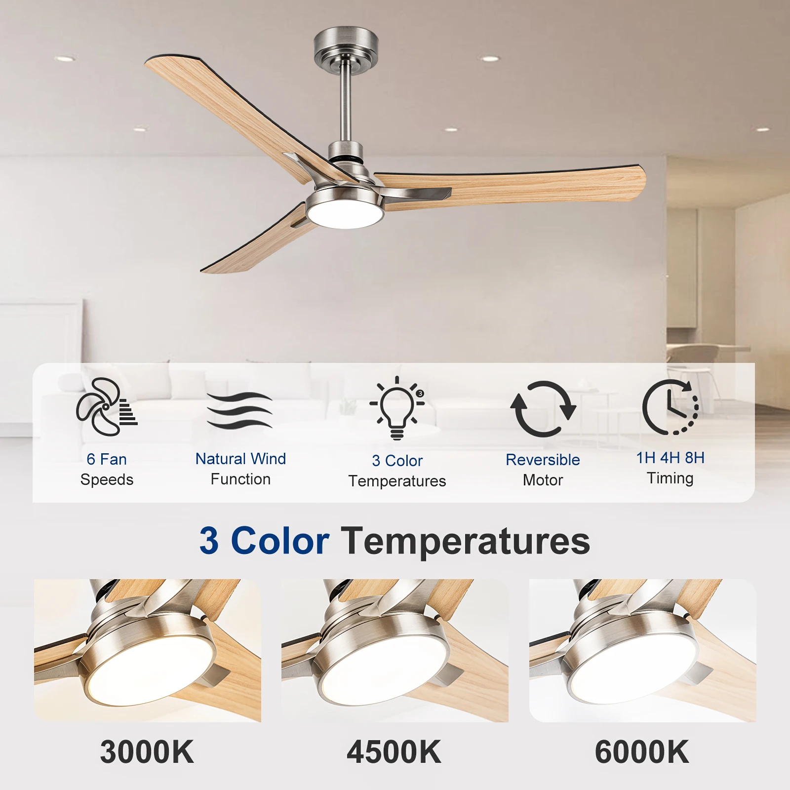 52" Nickel Finish Ceiling Fan With 3 Reversible Blades And Adjustable LED Light - Sleek, Efficient, And Affordable